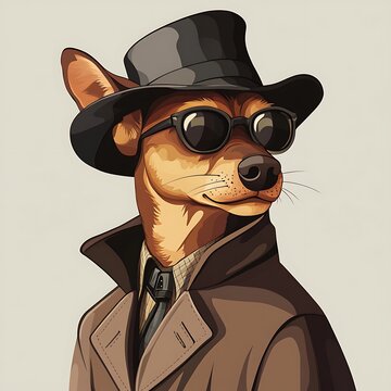 recommend clip art: A dog in a top hat, sunglasses, and trench coat.
