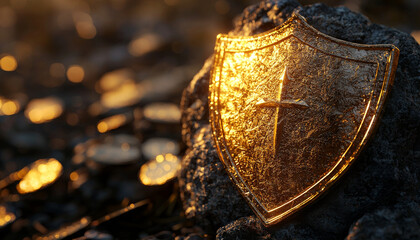 golden shield with cross rests on rock, surrounded by coins, reflecting sunlight. scene evokes sense of treasure and protection