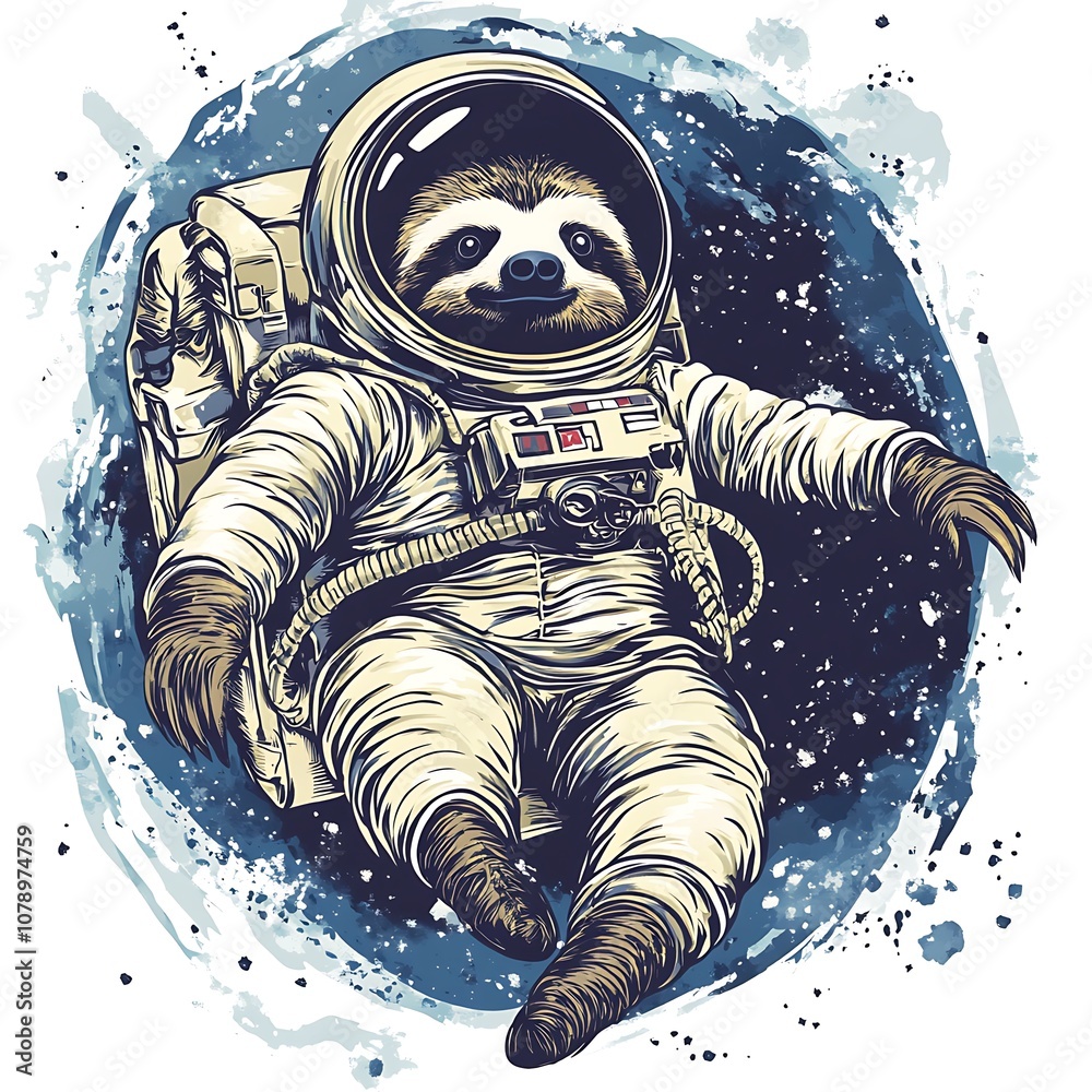 Poster a sloth wearing an astronaut suit floating in space.