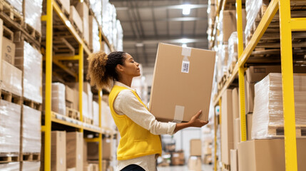Woman carrying cardboard box in warehouse, logistics concept, background
