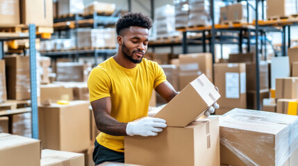 African american man in warehouse reaching for box, working, industrial logistics concept