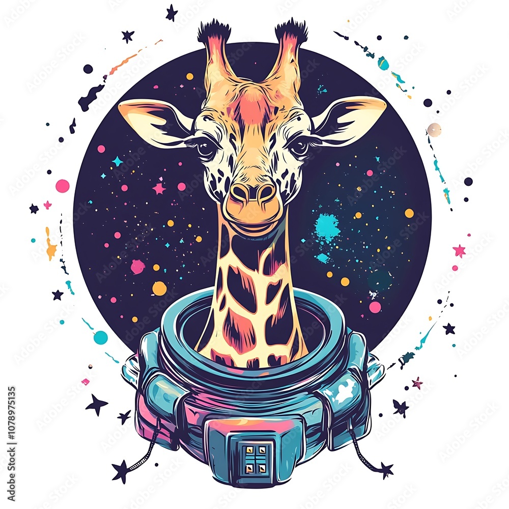 Poster a giraffe astronaut in space with a colorful galaxy background.