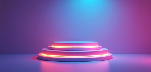 Obraz premium Abstract multi-level platform with neon lights in blue, pink, and yellow on a gradient background. 3D podium scene for product display and branding. Design for poster, banner, wallpaper, and header.
