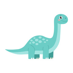 A cartoon dinosaur with a smile on its face. It is green and has a long neck. It is standing on a white background