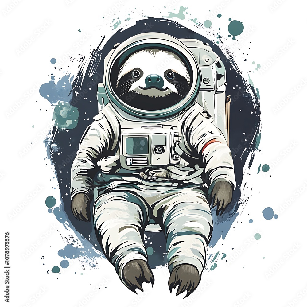 Poster A smiling sloth in a spacesuit floats in space.