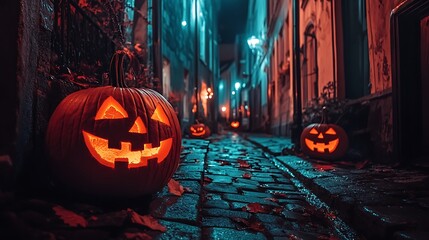 Discover the enchanting atmosphere of halloween with glowing pumpkins in an eerie urban alley