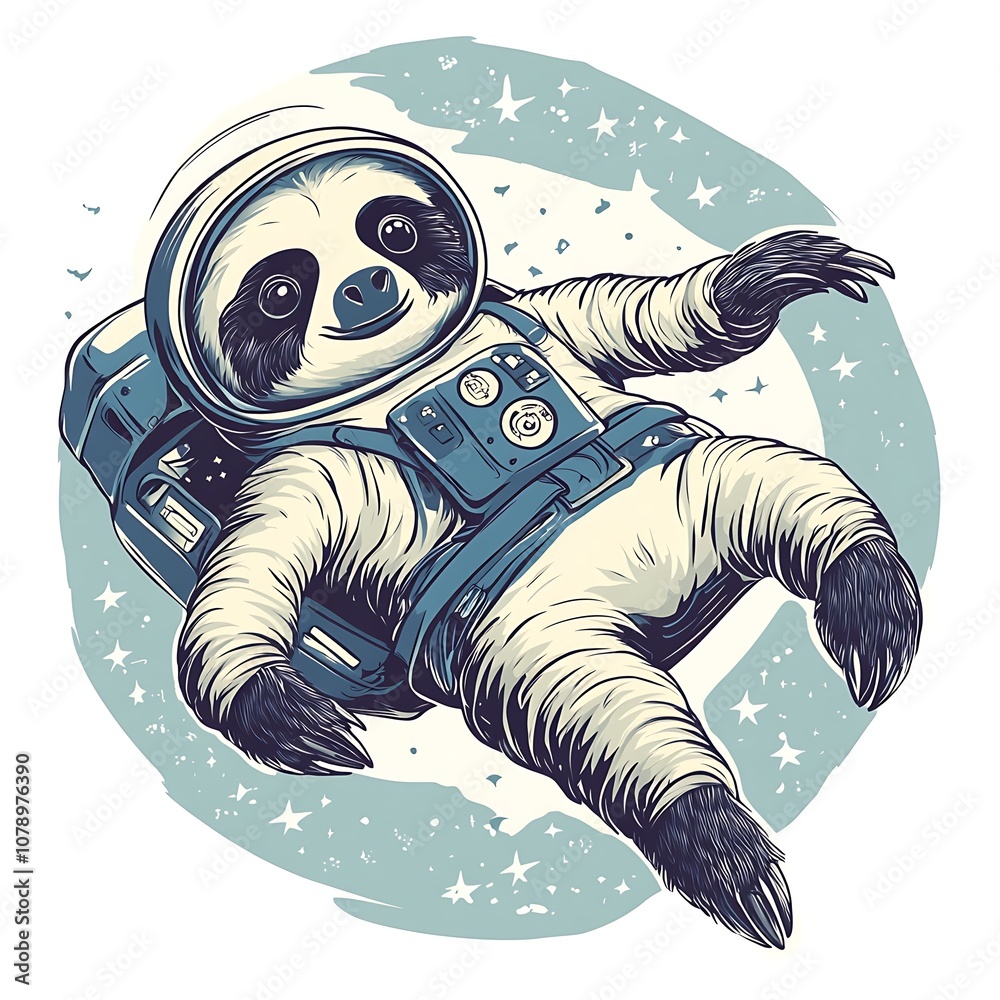 Poster a cute sloth wearing an astronaut suit floating in space.