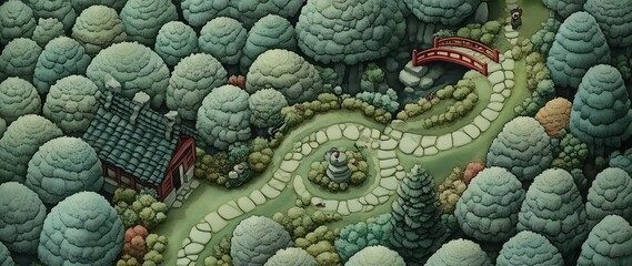 A winding path through a lush forest leads to a quaint cottage and a red bridge over a pond.