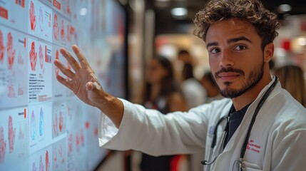 A healthcare professional interacts with a digital display.