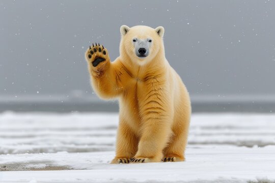 Charming white polar bear waving in snowy winter wonderland for arctic holiday greeting card