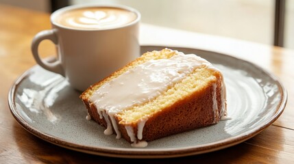 A slice of rich lemon cake topped with sweet icing is placed on a round plate next to a steaming cup of latte. The warm tones of the wood and soft lighting create a cozy atmosphere.