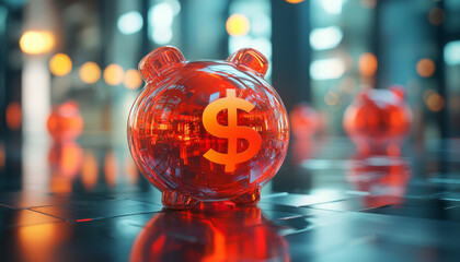 transparent piggy bank with dollar sign, symbolizing savings and finance. vibrant colors and reflections create modern, dynamic atmosphere