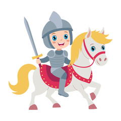 A boy is riding a horse and holding a sword. The horse is white and has a red saddle