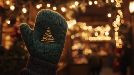 A person wears a green mitten featuring a tree design, raising their hand amid a charming market filled with warm lights and a festive atmosphere, evoking holiday spirit and joy.