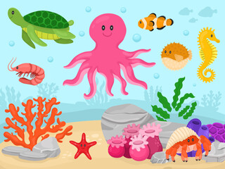 Underwater scene with corals, ocean and underwater world and sea animals cartoon. Cute animals with face for kids, illustration for education