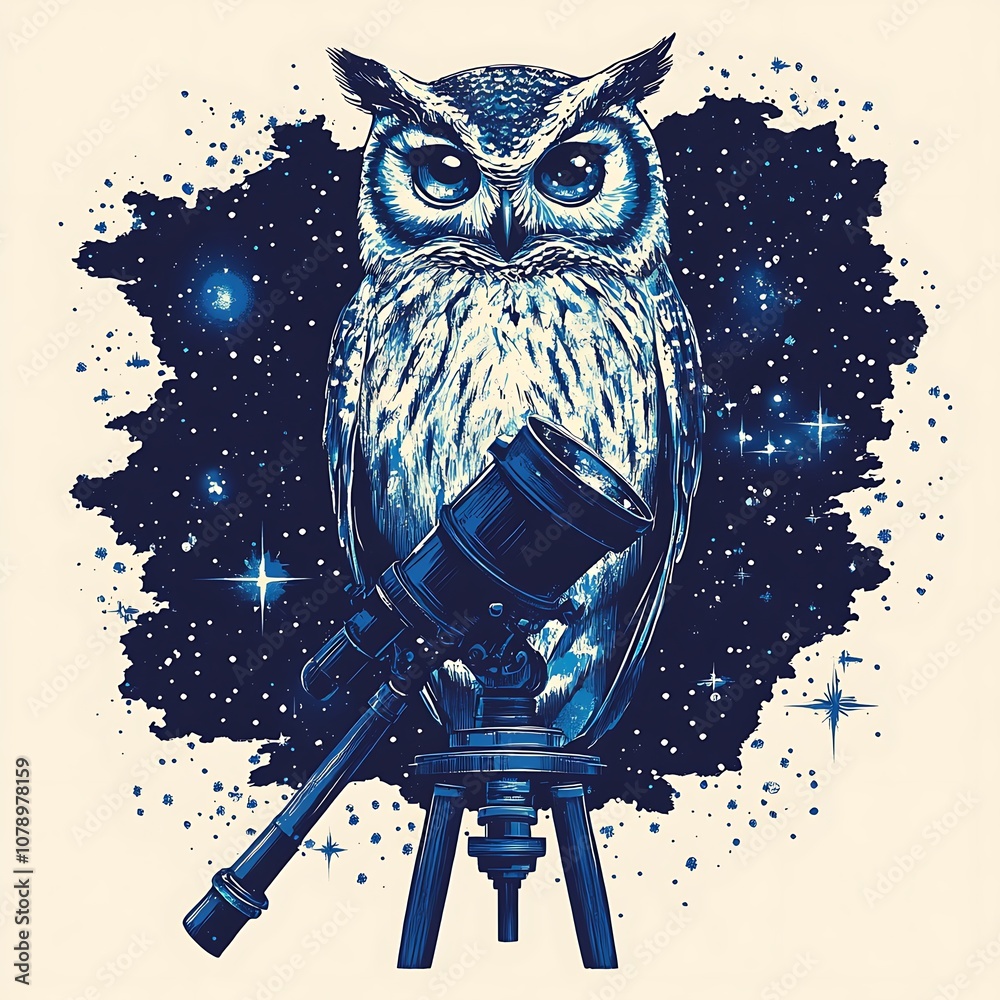 Poster owl with telescope in space.