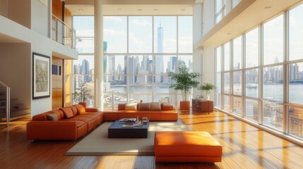 Fototapeta premium Bright modern living room with vibrant furniture, wooden floors, and expansive windows offering a stunning city view. Cozy yet stylish.