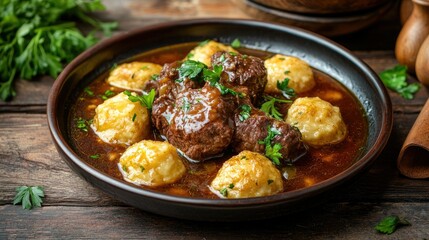Delicious meatballs with dumplings in savory broth