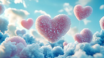 Obraz premium Pink and blue pastel heart balloons in paper-cut style, dreamy sky background, gentle Valentine theme