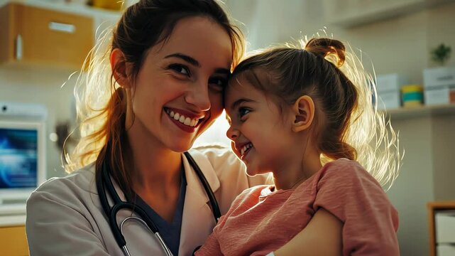 A doctor and a girl patient smile at each other at an appointment, symbolising care, health and trust in the medical field. Ideal for the theme of family health care and paediatrics