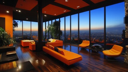 Contemporary living room with bold colors, wood flooring, and floor-to-ceiling windows with a sweeping view of the city.