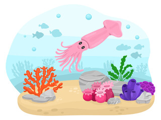 Naklejka premium Cute underwater scene with underwater world and sea cartoon animal squid, corals. Kawaii baby animal for kids, bright illustration