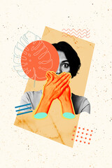 Vertical photo collage of scared girl hands shut mouth voiceless censorship palms leaf mute secret...