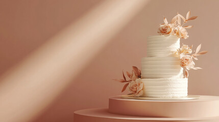 Wedding cake with beautiful flowers on solid pastel color background, copy space