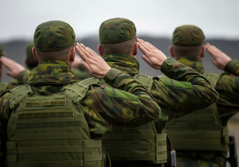 Norwegian soldiers giving salute during ceremony military, glory and honor, dignified military uniform