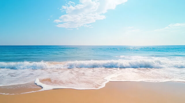 Waves gently lap against the sandy shore under a clear blue sky at noon