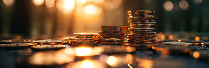 Stacks of coins glimmer in warm sunlight, creating rich and inviting atmosphere. golden hues reflect off surface, enhancing sense of wealth and prosperity