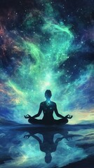 A figure meditates beneath the aurora borealis symbolizing inner peace and cosmic connection