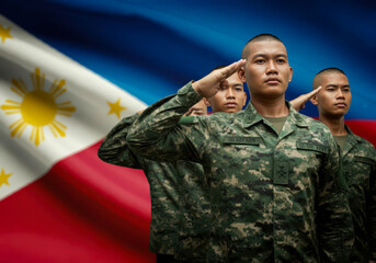 Filipino soldiers giving salute during ceremony military, glory and honor, dignified military uniform