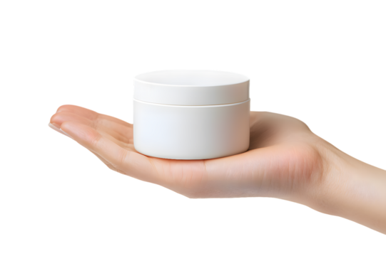 Closeup hand holding cream jar mock up isolated on transparent background