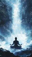Obraz premium Figure meditates by a cascading waterfall absorbing energy from nature's flow