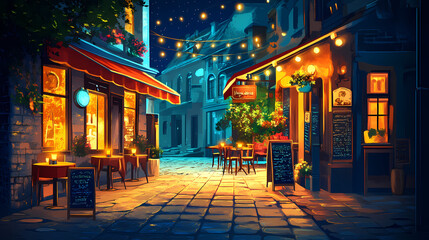 Beautiful cozy street, soft candlelight, intimate atmosphere creates a romantic setting with cafes and restaurants glowing in the evening light. Romantic. Illustration