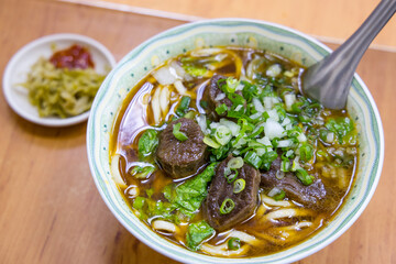 Traditional Taiwanese beef noodle soup in a bowl