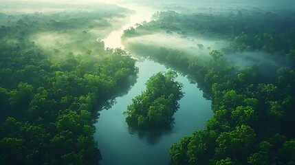 Serene Aerial View of Lush Green Forests and Meandering River Surrounded by Fog in a Tranquil Natural Landscape at Dawn