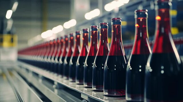 Witness the intricate bottling process of red wine as numerous bottles line the conveyor belt in a state-of-the-art winery during the evening