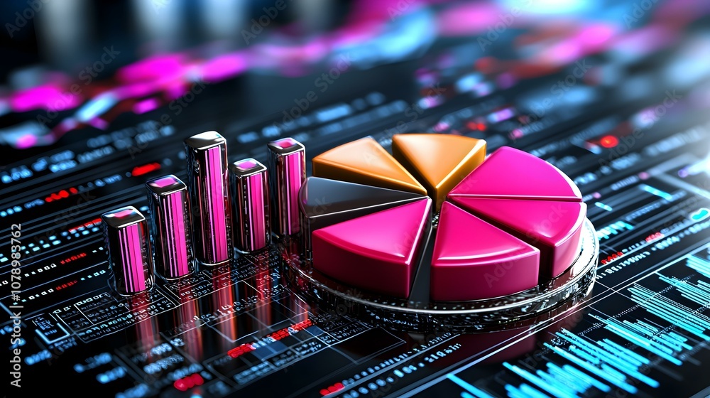 Poster vibrant data visualization featuring a colorful pie chart and bar graph, showcasing statistical insi