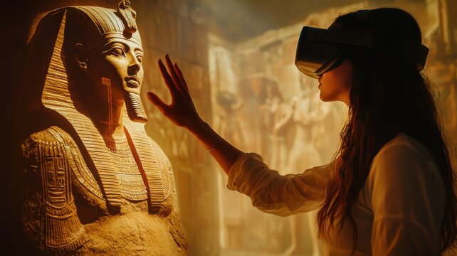 Woman Exploring Ancient Egypt with Virtual Reality