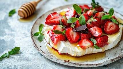 Fresh Strawberry Pavlova with Honey and Mint Leaves
