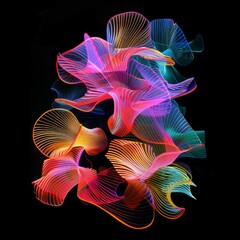 Abstract neon light ribbons forming vibrant, flowing shapes on a black background. Futuristic digital art with colorful lines and fluid motion effects. Generative AI