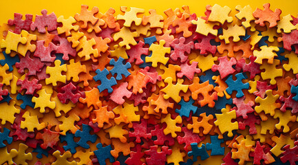A top view of colorful puzzle pieces scattered on a yellow background, symbolizing problem-solving, development, and creativity in a vibrant and engaging setting
