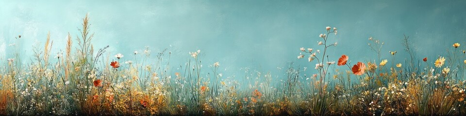 A serene landscape of wildflowers under a blue sky.