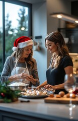 Family Baking Christmas Cookies Together in Kitchen with Elderly Woman and Daughter