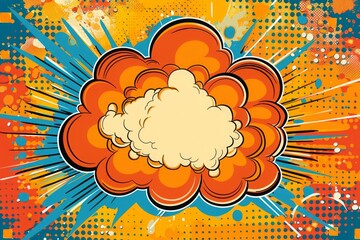 Large comic-style explosion with orange and yellow clouds, radial lines, and halftone dots in a pop art style. Generative AI