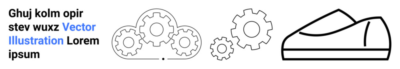 Cloud with gears, simple gear silhouettes, and minimalist shoe outline. Ideal for cloud technology, data processing, mechanical engineering, product design, footwear industry, innovation concepts