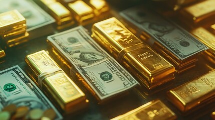 Currency exchange with dollar bills and gold bars