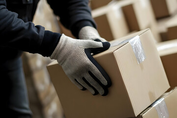 Close-up of a hand wearing work gloves carefully lifting a cardboard box.